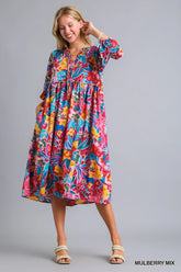 Umgee Full Size Floral Print Tie Neck Midi Dress with Pockets Plus Size OutfitFlow